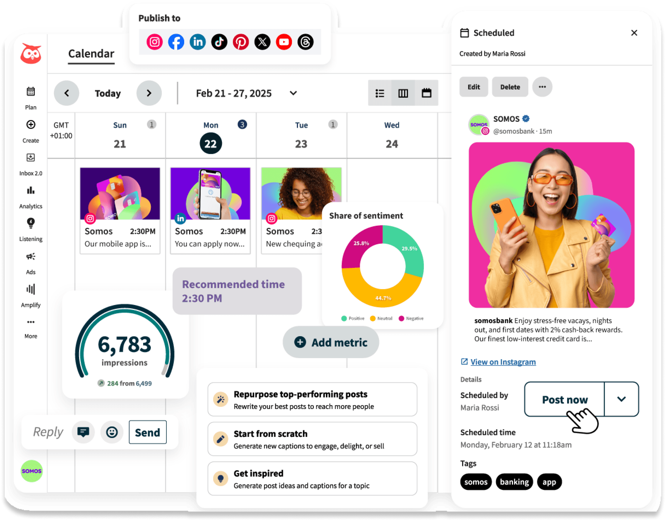 Social media content calendar interface showing scheduled posts, analytics, and engagement metrics for Somos banking app campaign
